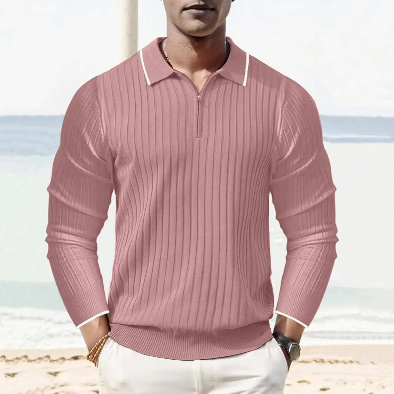 ThusFar Men's Zipper Polo Shirt Casual Knit Long Sleeve Ribbed Polo T Shirt Classic Fit Golf Shirts Activewear Polos