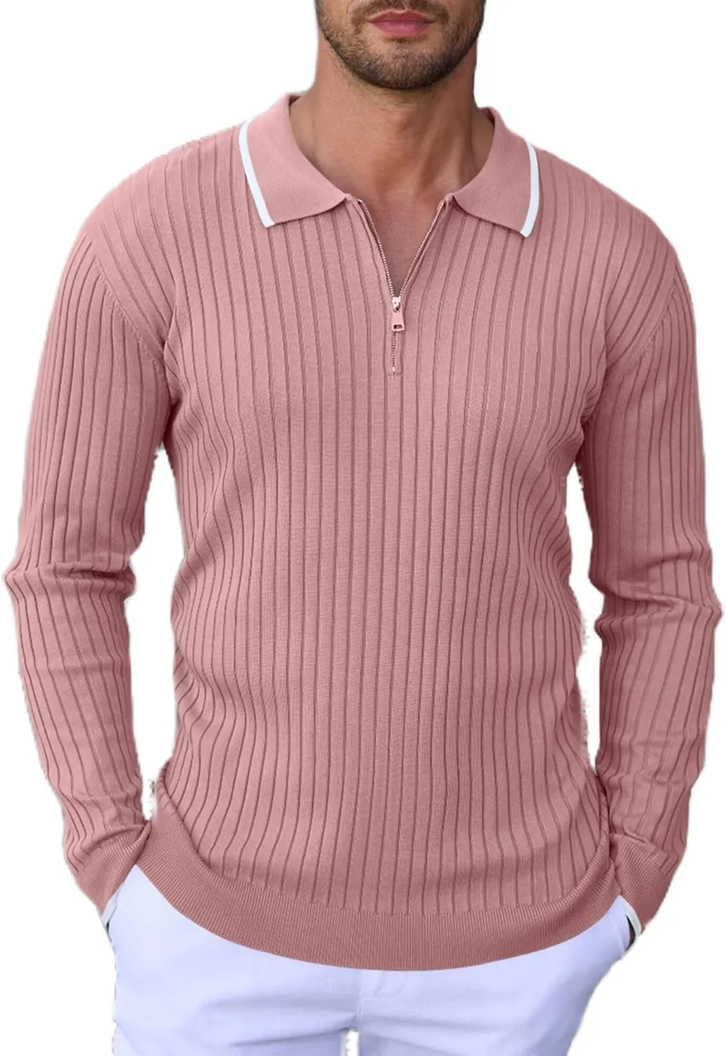ThusFar Men's Zipper Polo Shirt Casual Knit Long Sleeve Ribbed Polo T Shirt Classic Fit Golf Shirts Activewear Polos