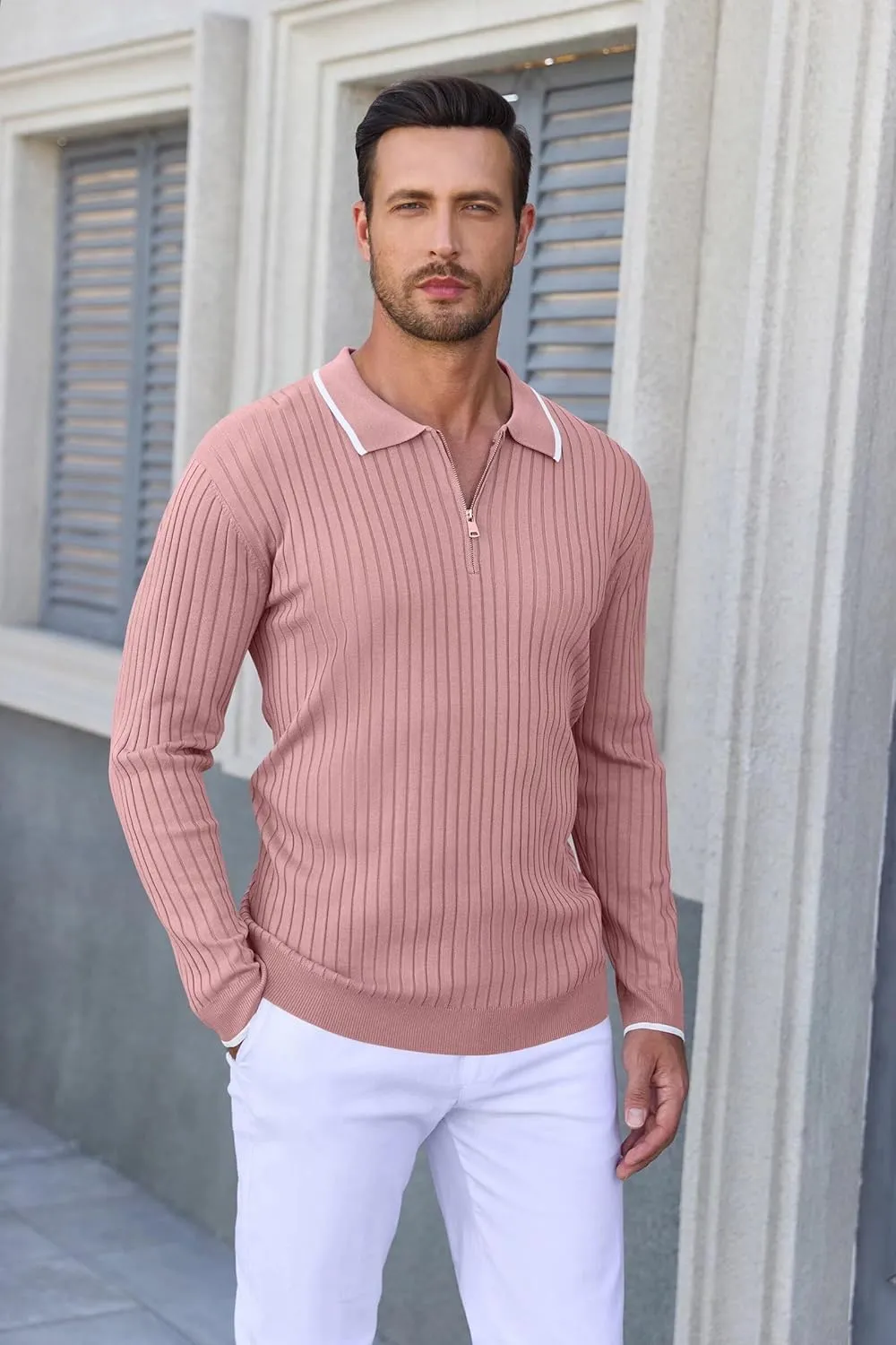 ThusFar Men's Zipper Polo Shirt Casual Knit Long Sleeve Ribbed Polo T Shirt Classic Fit Golf Shirts Activewear Polos