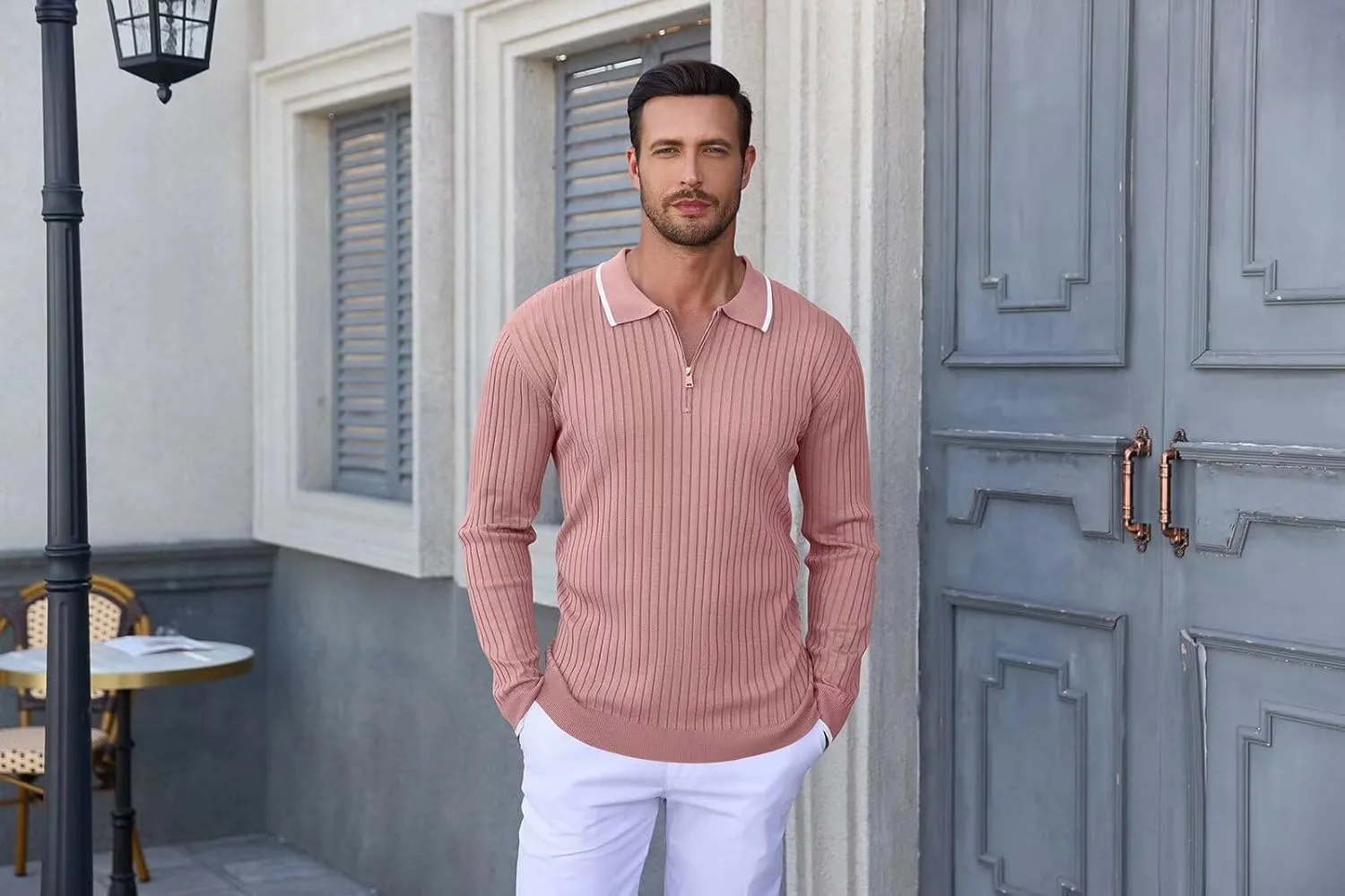 ThusFar Men's Zipper Polo Shirt Casual Knit Long Sleeve Ribbed Polo T Shirt Classic Fit Golf Shirts Activewear Polos