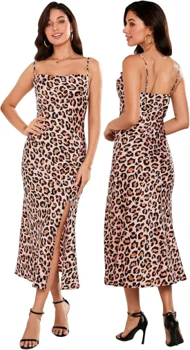 Tsher Women's Sleeveless Spaghetti Strap Satin Wedding Guest Party Dress Cowl Neck Backless Midi Formal Dresses