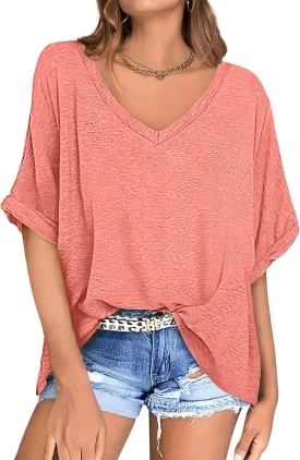 UEU Womens Oversized T-Shirts Summer V Neck Casual Shirts Short Sleeve Workout Tunic Tops