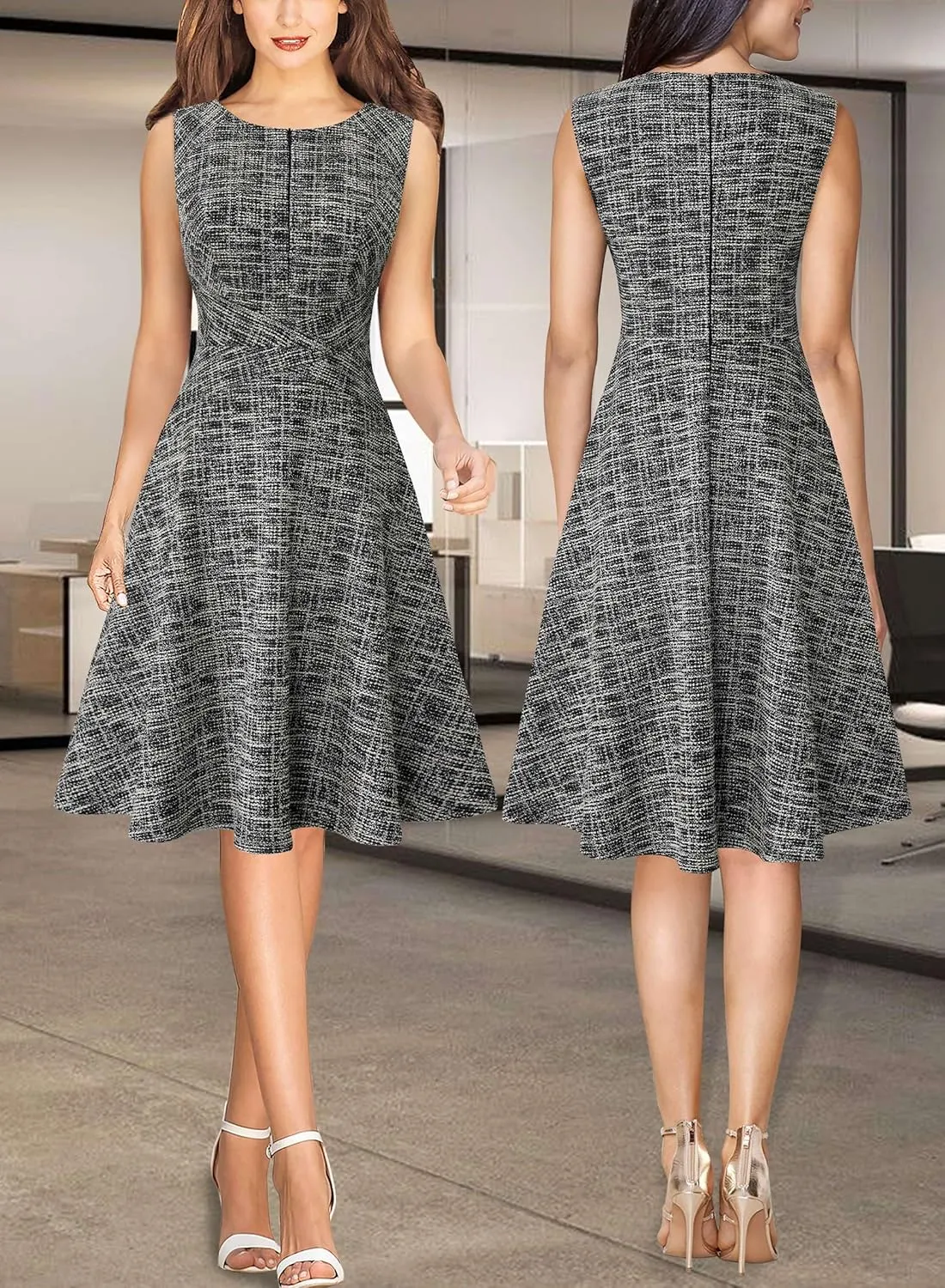 VFSHOW Womens Elegant Front Zipper Slim Work Business Office Party Cocktail Skater A-Line Dress