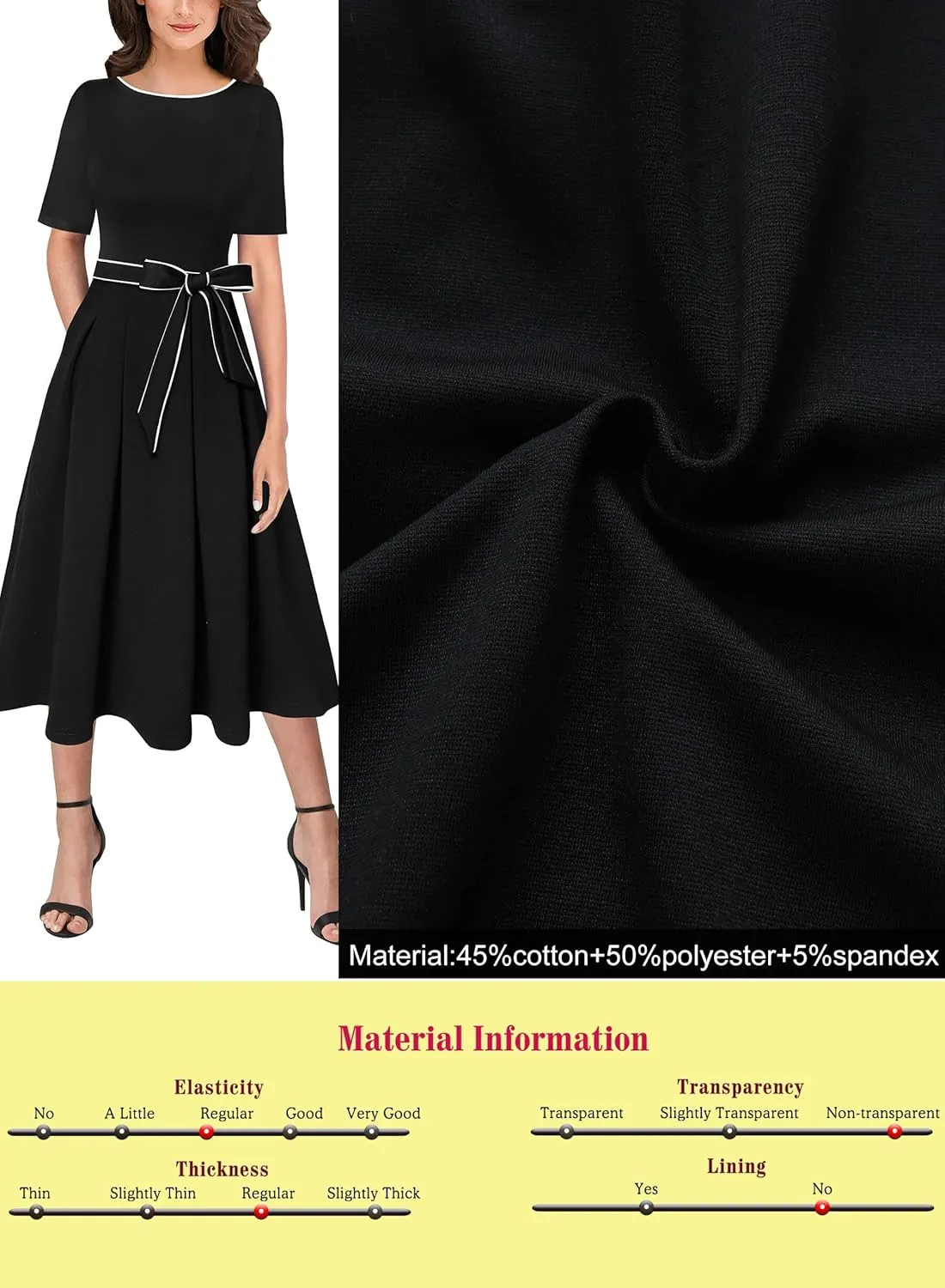 VFSHOW Womens Elegant Patchwork Pockets Pleated Work Office Business Casual Party Belted A-Line Midi Dress