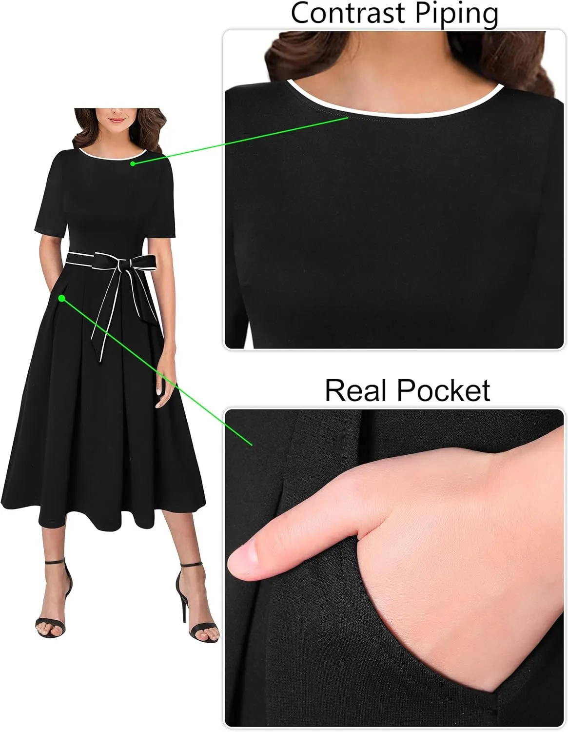 VFSHOW Womens Elegant Patchwork Pockets Pleated Work Office Business Casual Party Belted A-Line Midi Dress