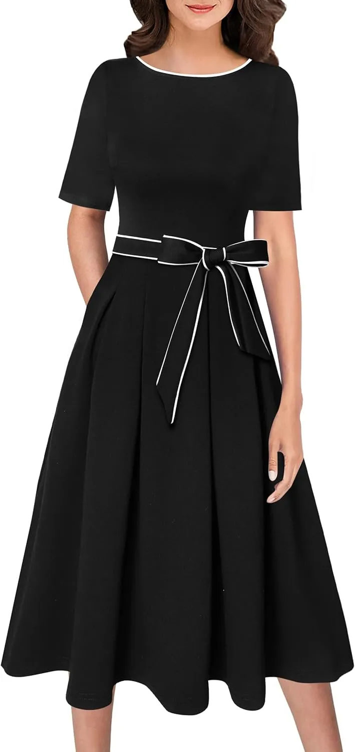 VFSHOW Womens Elegant Patchwork Pockets Pleated Work Office Business Casual Party Belted A-Line Midi Dress