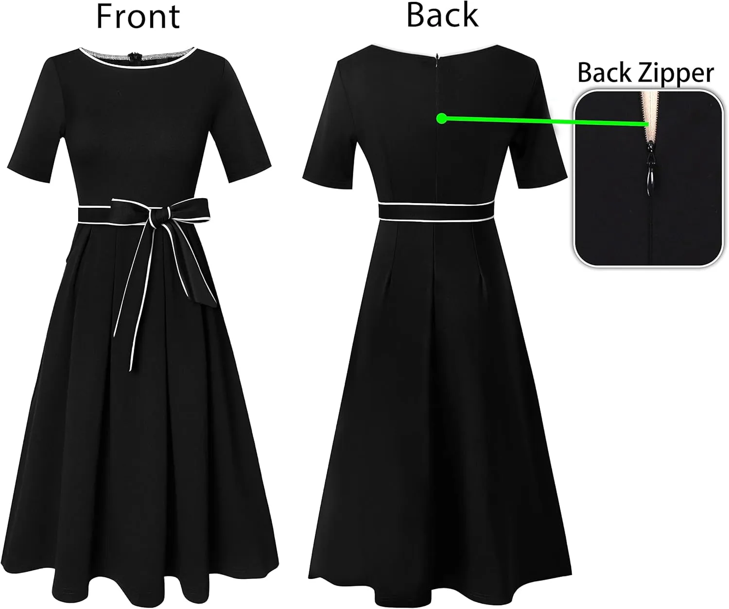 VFSHOW Womens Elegant Patchwork Pockets Pleated Work Office Business Casual Party Belted A-Line Midi Dress
