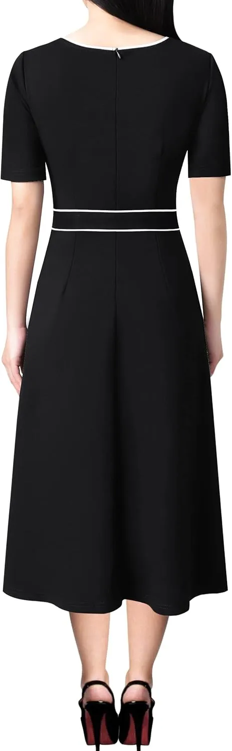 VFSHOW Womens Elegant Patchwork Pockets Pleated Work Office Business Casual Party Belted A-Line Midi Dress