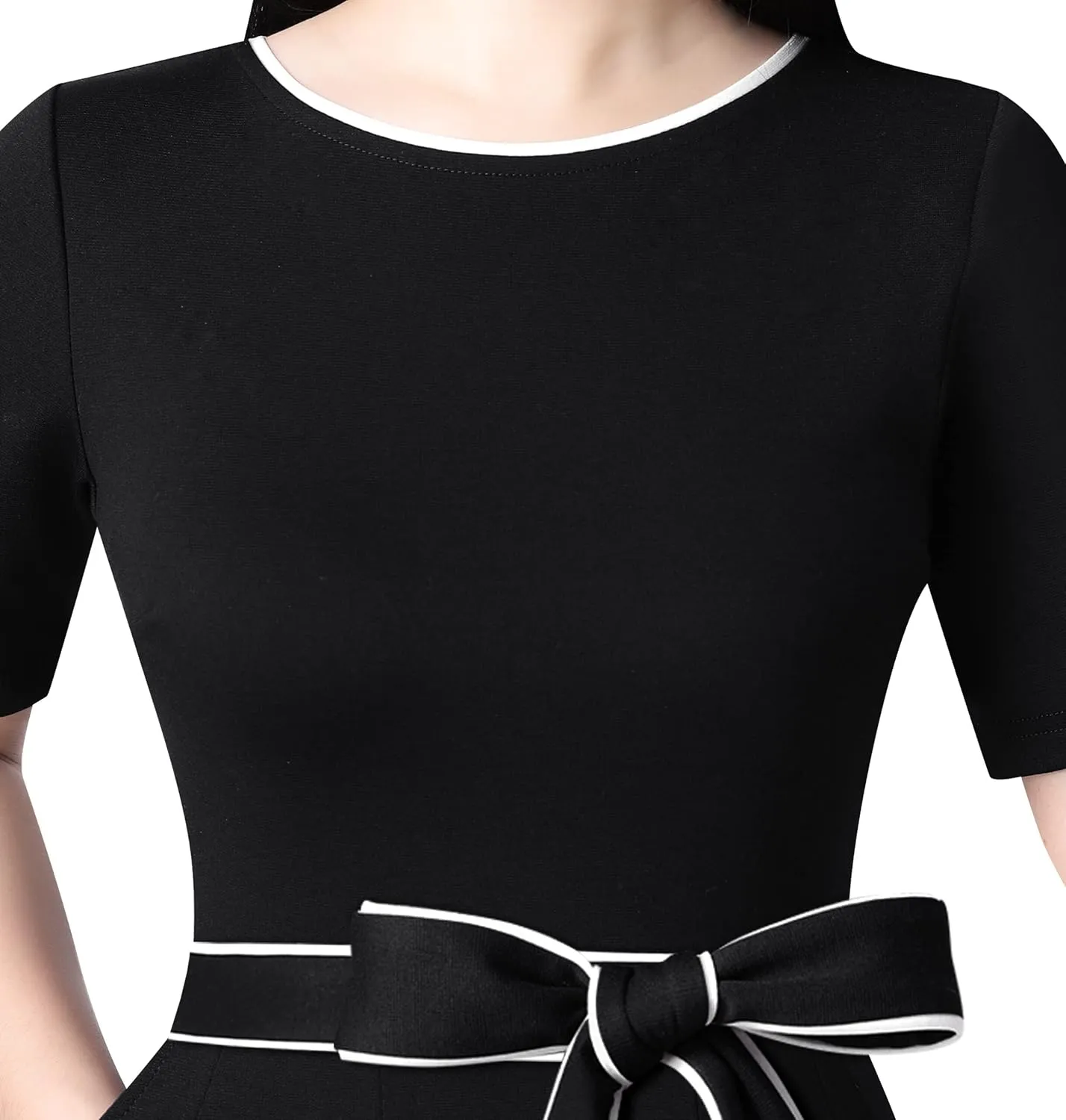 VFSHOW Womens Elegant Patchwork Pockets Pleated Work Office Business Casual Party Belted A-Line Midi Dress