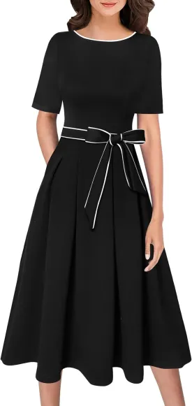 VFSHOW Womens Elegant Patchwork Pockets Pleated Work Office Business Casual Party Belted A-Line Midi Dress
