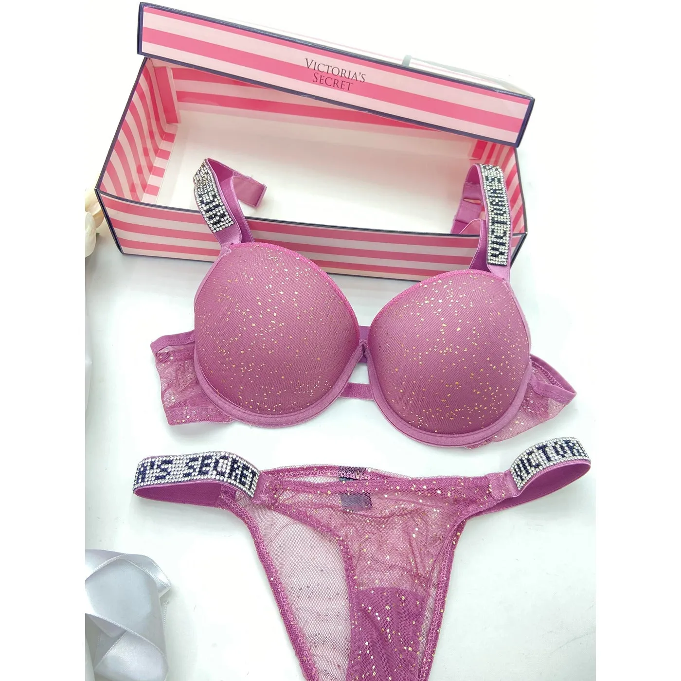 VS Cherry Pink Shimmer Lingerie Set