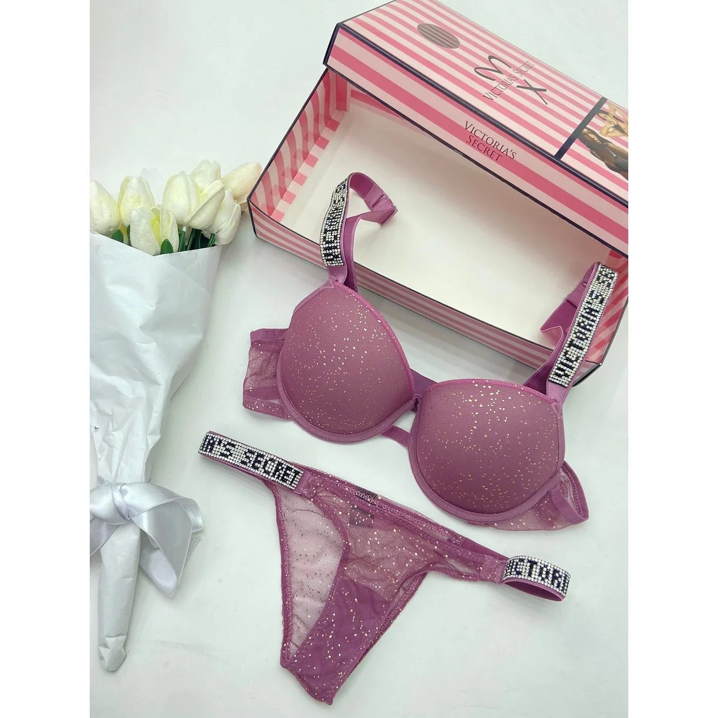 VS Cherry Pink Shimmer Lingerie Set