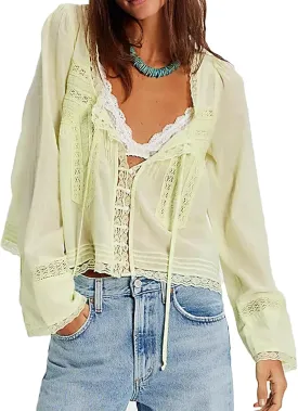Women Tie Front Long Sleeve Top Lace Trim Button Shirt Square Neck Loose Blouse Going Out Y2k Coquette Clothes