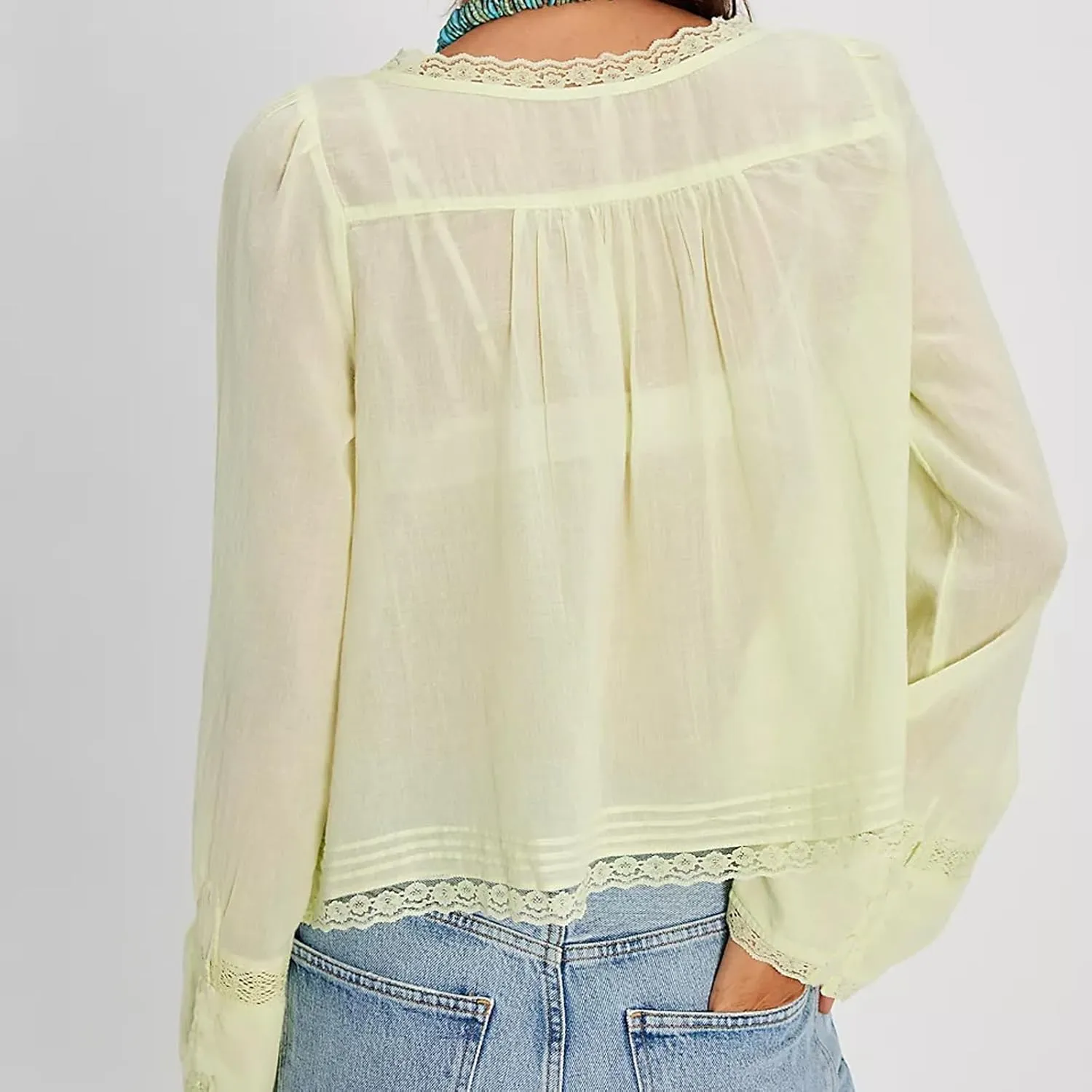 Women Tie Front Long Sleeve Top Lace Trim Button Shirt Square Neck Loose Blouse Going Out Y2k Coquette Clothes