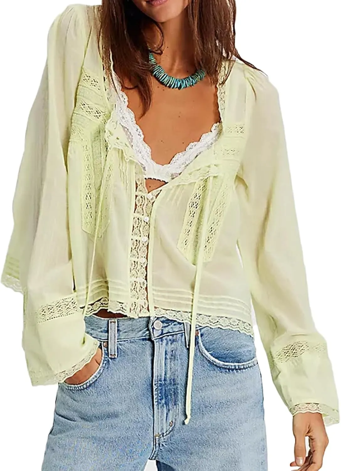 Women Tie Front Long Sleeve Top Lace Trim Button Shirt Square Neck Loose Blouse Going Out Y2k Coquette Clothes
