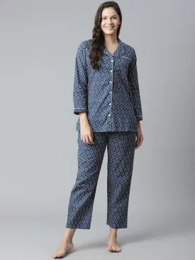 Women'S Indigo Printed Cotton Nightsuit