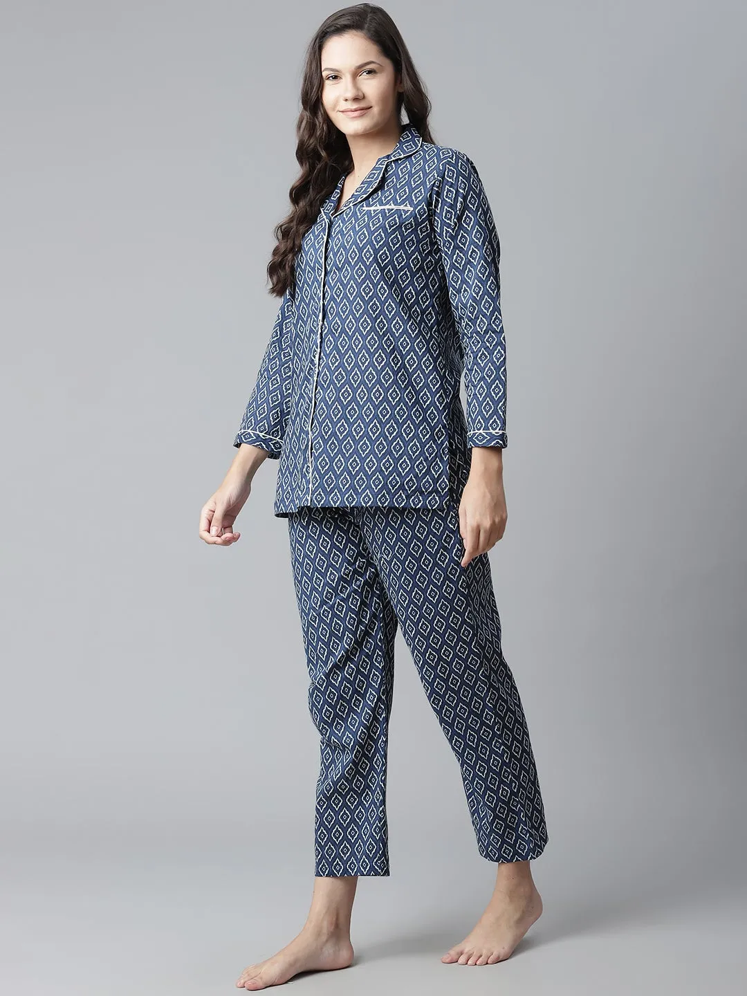 Women'S Indigo Printed Cotton Nightsuit