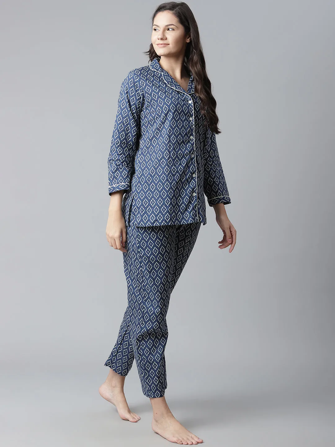 Women'S Indigo Printed Cotton Nightsuit