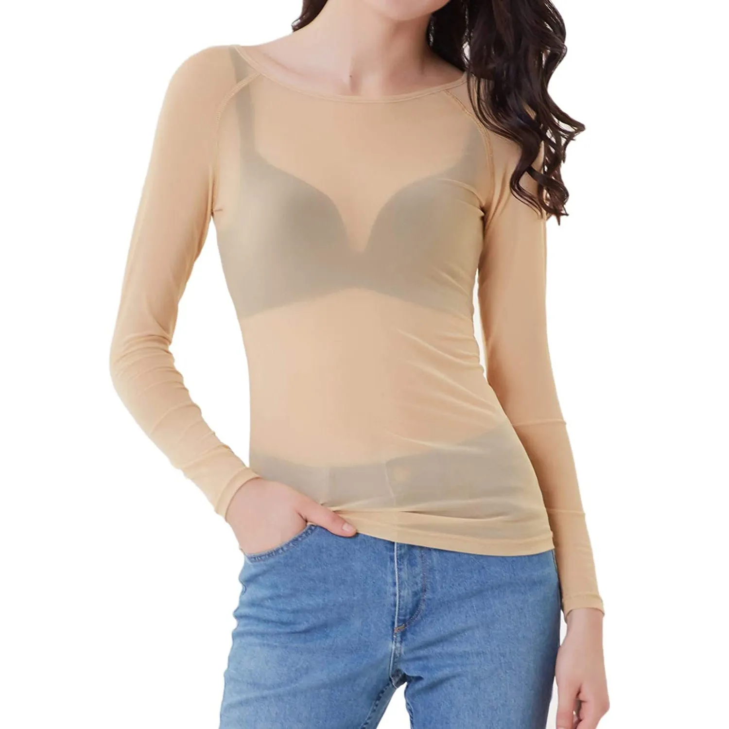 Women's Long Sleeve Sheer Mesh Sheer Top