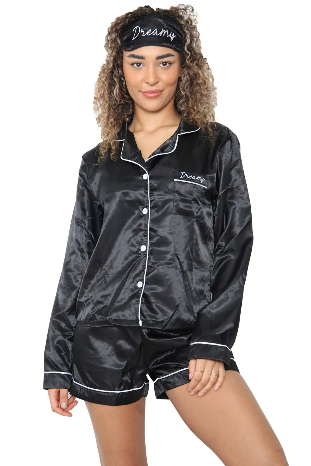 Womens Satin  Long Sleeve Shirt and Shorts with Eye Mask
