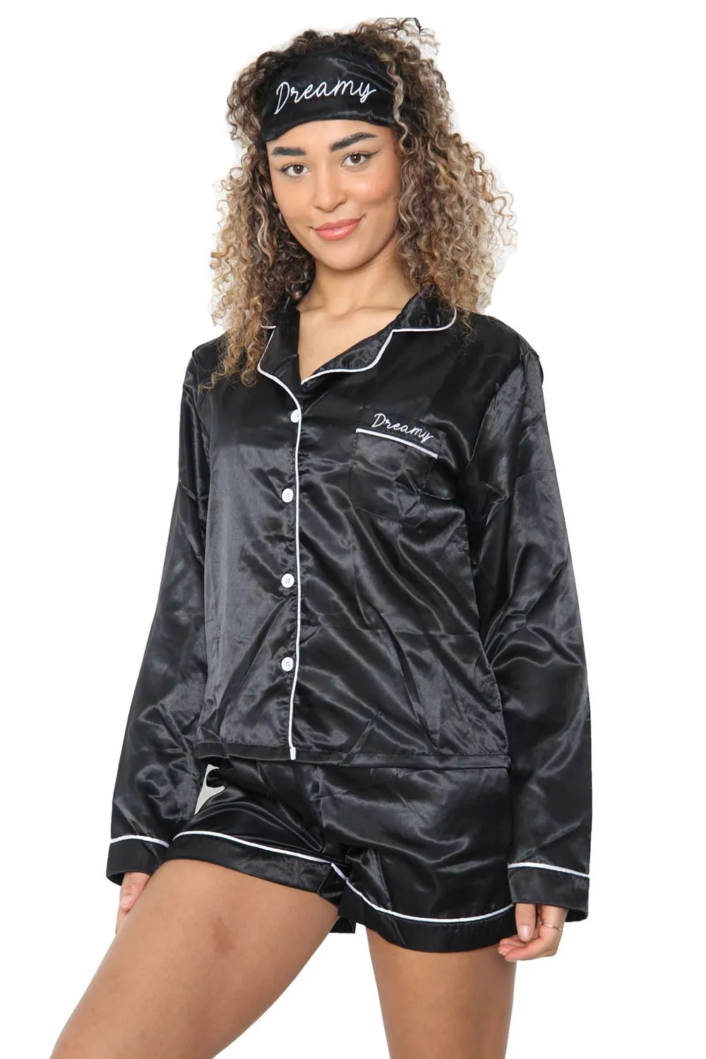 Womens Satin  Long Sleeve Shirt and Shorts with Eye Mask
