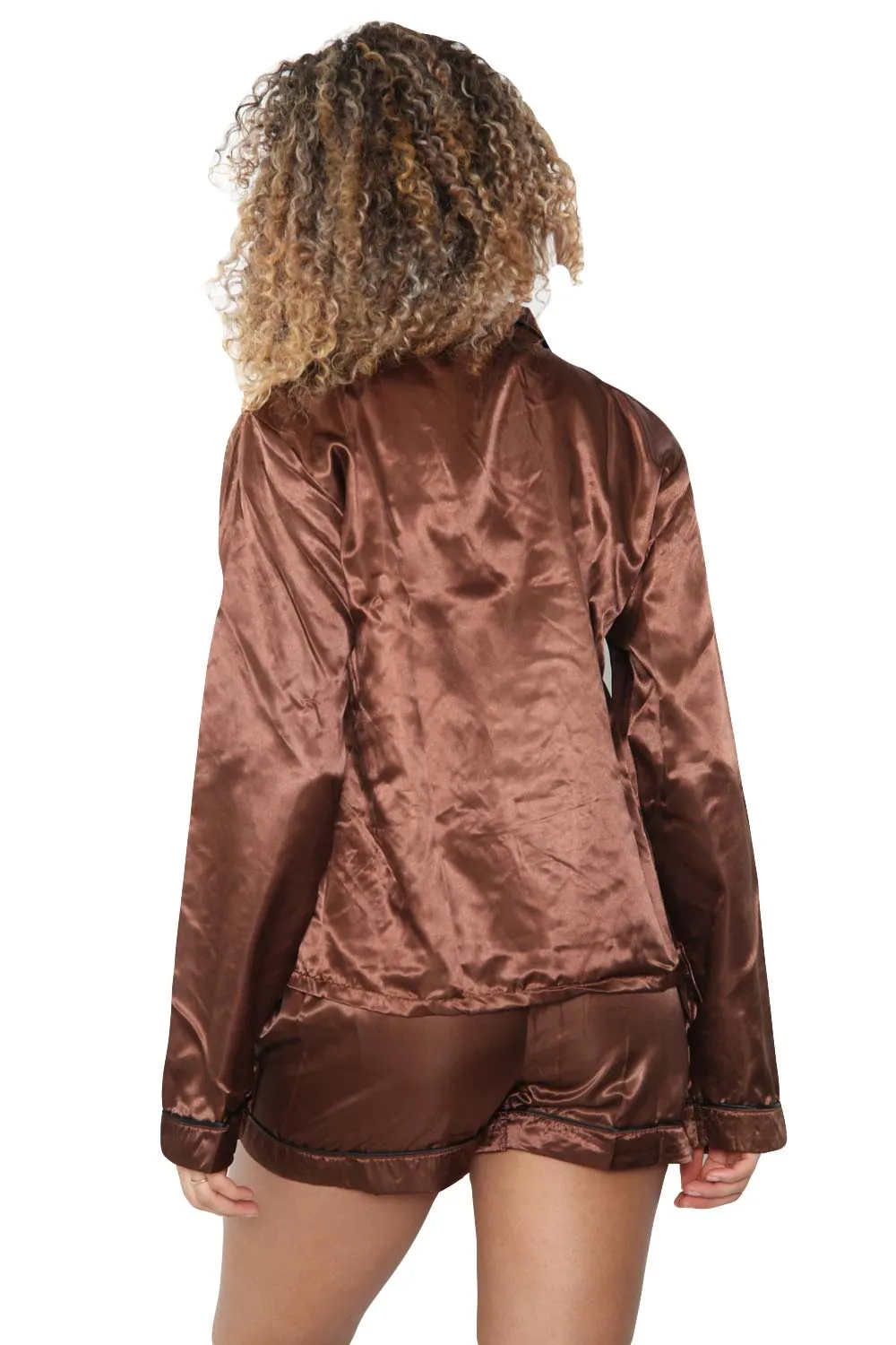 Womens Satin  Long Sleeve Shirt and Shorts with Eye Mask