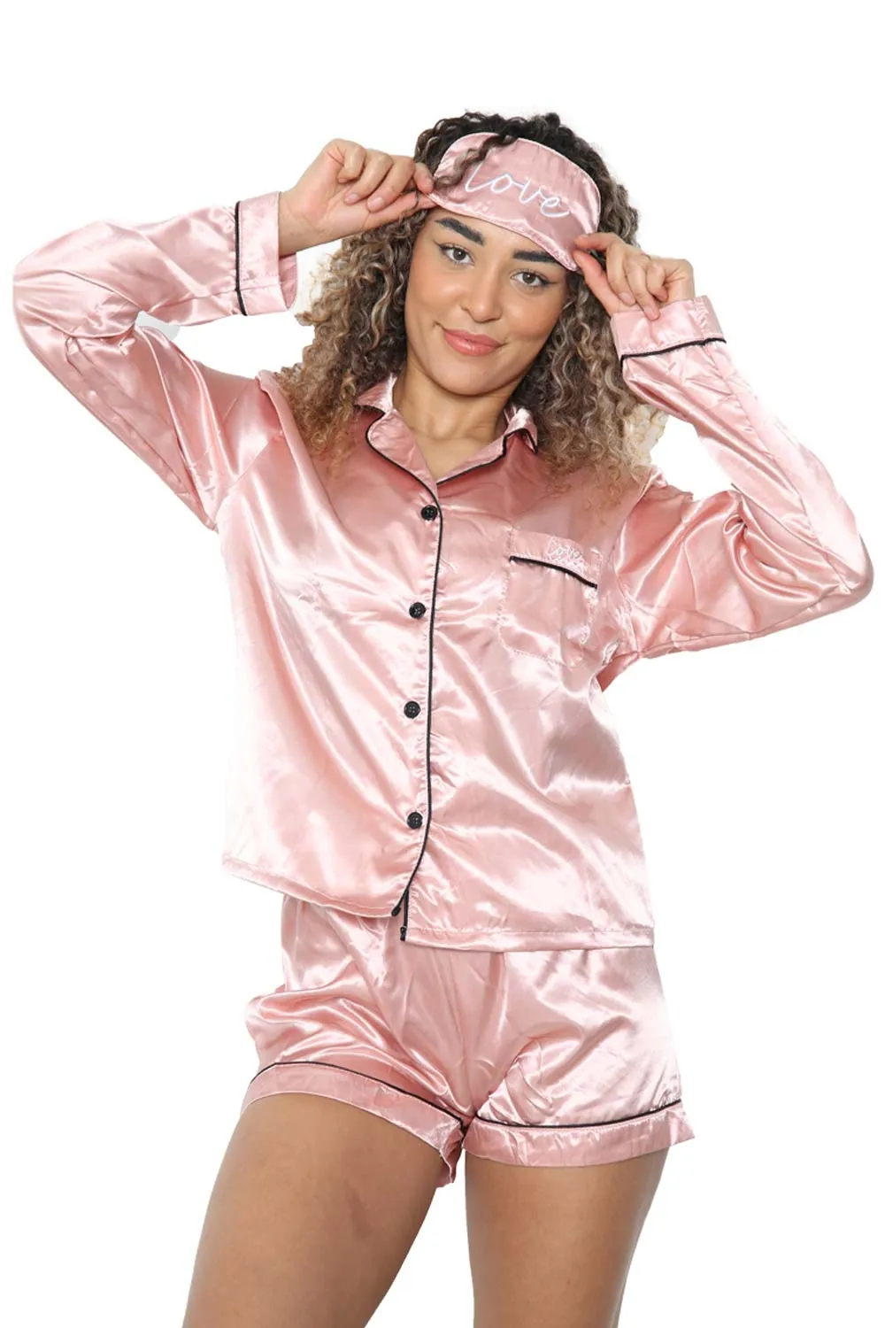 Womens Satin  Long Sleeve Shirt and Shorts with Eye Mask