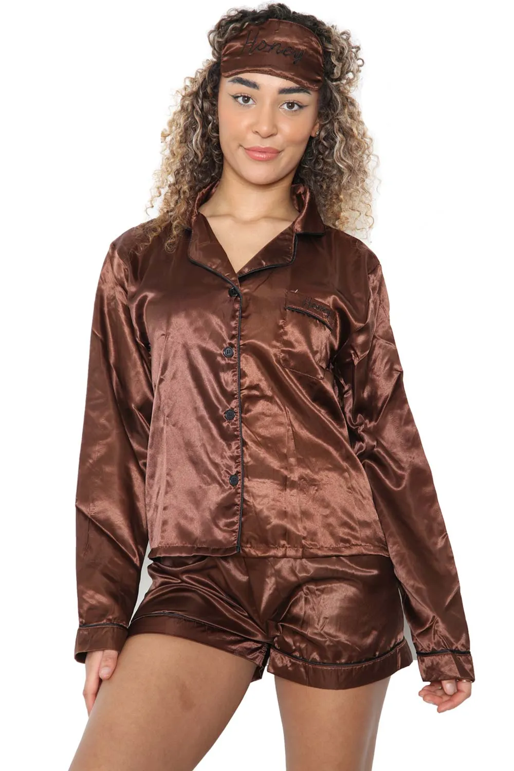 Womens Satin  Long Sleeve Shirt and Shorts with Eye Mask