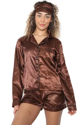 Womens Satin  Long Sleeve Shirt and Shorts with Eye Mask