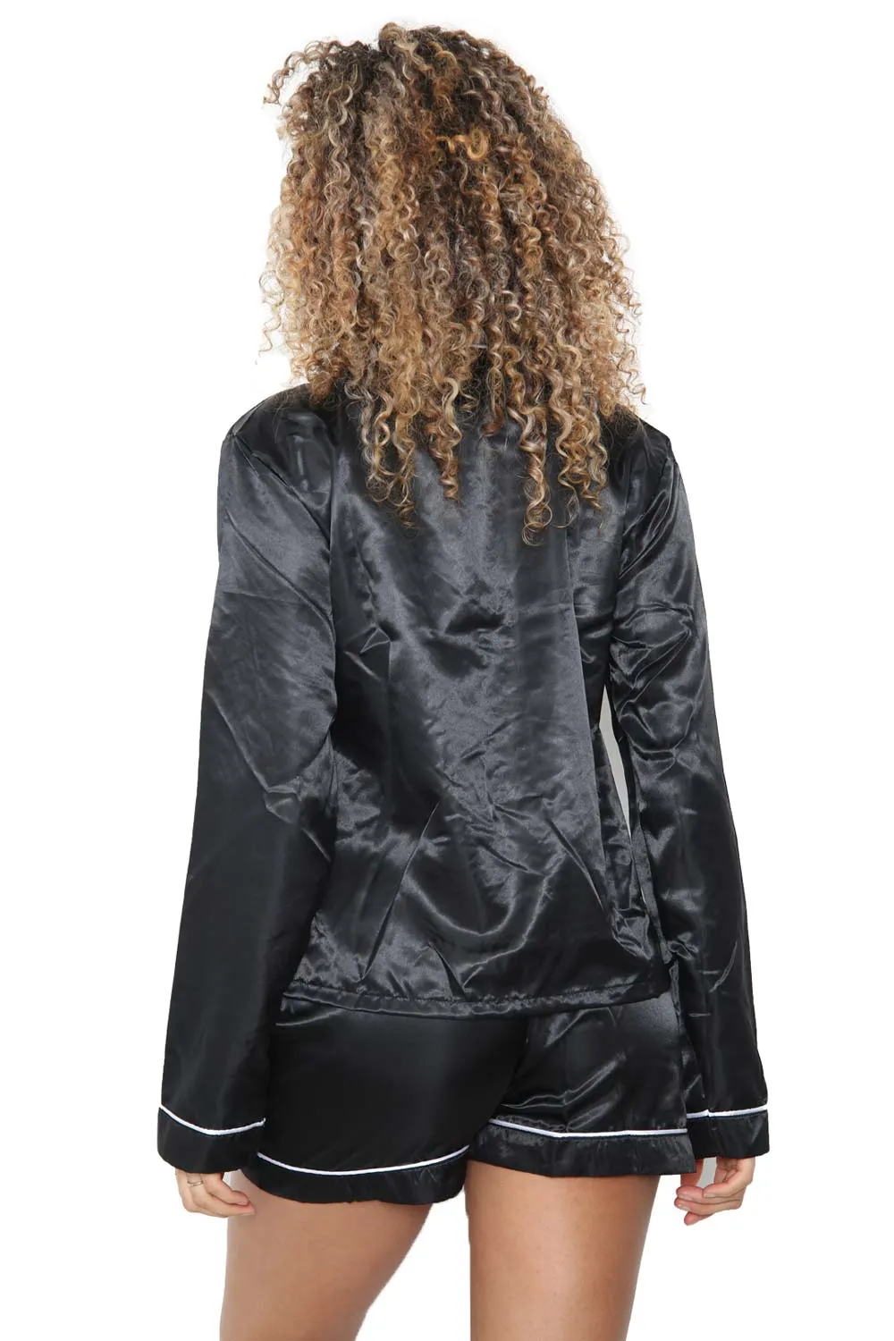 Womens Satin  Long Sleeve Shirt and Shorts with Eye Mask