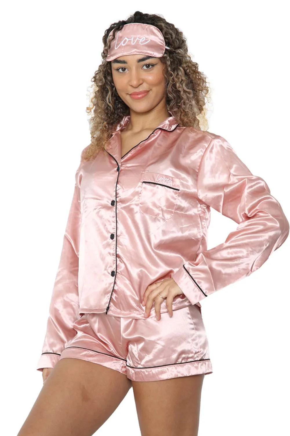 Womens Satin  Long Sleeve Shirt and Shorts with Eye Mask