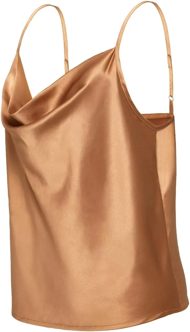 Women's Silk Satin Camisole Cowl Neck Tank Top Cami Silky Basic Tank Shirt Blouses