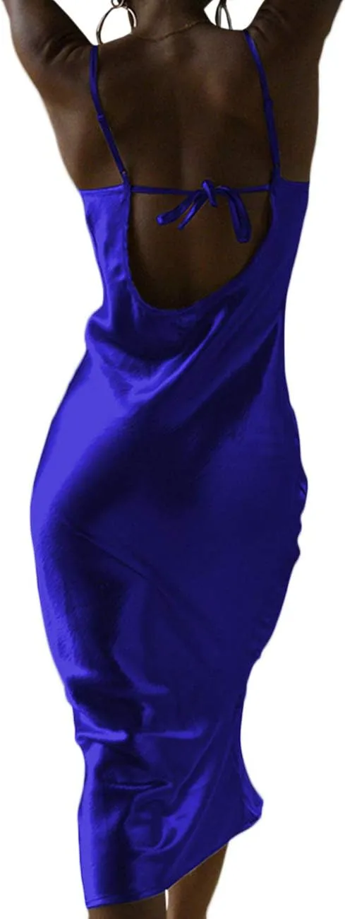 xxxiticat Women's Sleeveless Spaghetti Strap Satin Dress Cocktail Beach Evening Party Cowl Neck Back Tie Up Maxi Dresses