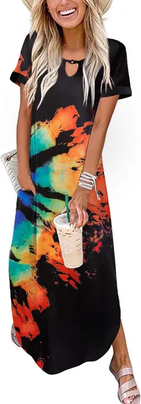 Zeagoo Womens Maxi Summer Dress with Pockets Casual Short Sleeve Sundress Trendy 2025 Curve Hem Long Dresss